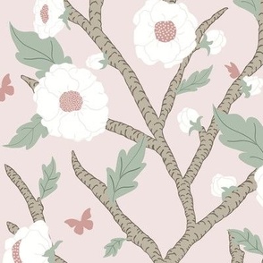 Grand Millennial Blue Bird Branch, Carnation Pink Large, Wallpaper, Bedding, Upholstery