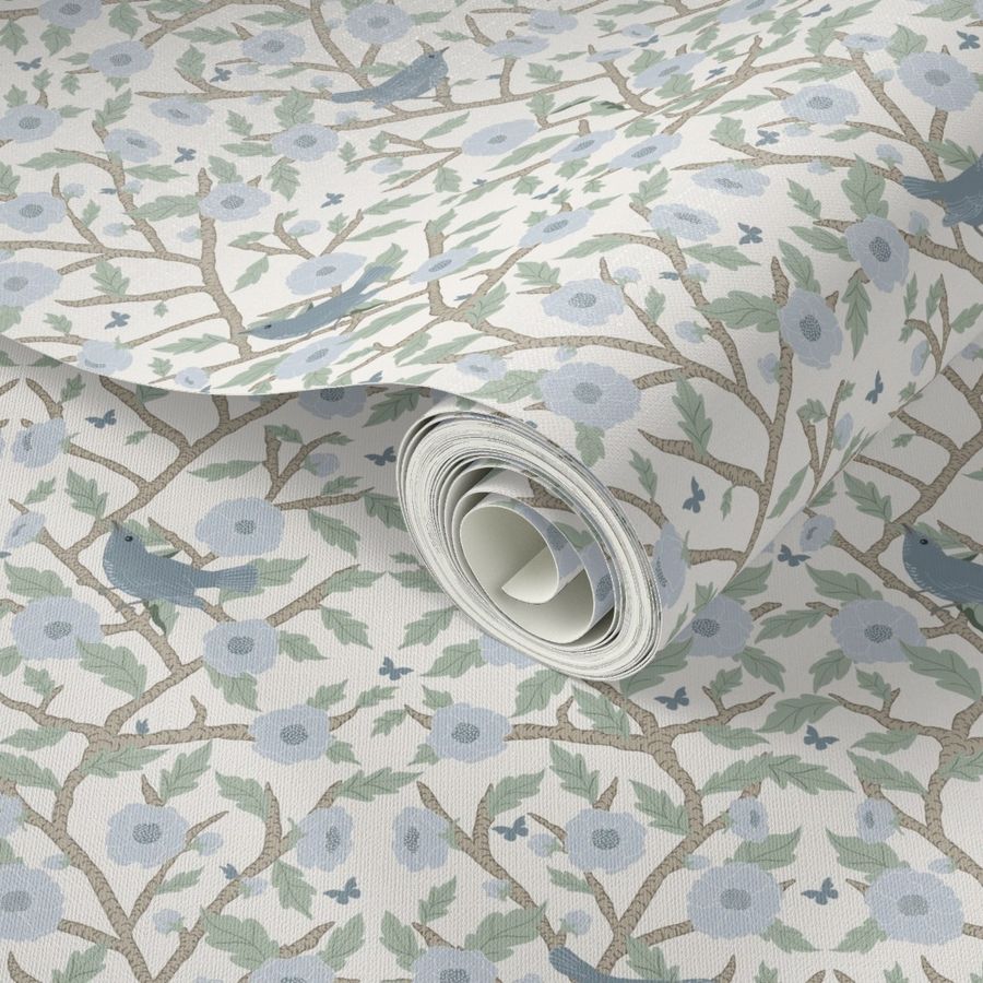 Grand Millennial Blue Bird Branch Buff Linen, Small, Wallpaper, Bedding, Upholstery