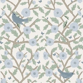 Grand Millennial Blue Bird Branch Buff Linen, Small, Wallpaper, Bedding, Upholstery