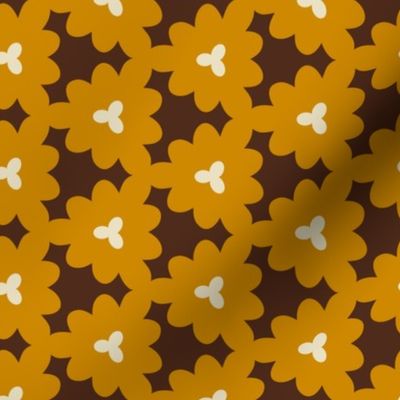 Quirky Petals // large print // Whimsical Golden Yellow Blossom Floral on Dark Brown