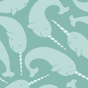 Narwhal Playtime - cute playful narwhals in neutral sea green swimming in the sea