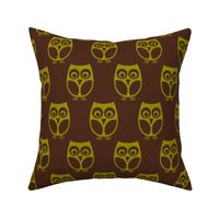 Night Owls Silhouette // large print // Olive Green Playful Woodland Nocturnal Bird Characters on Dark Brown