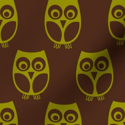 Night Owls Silhouette // large print // Olive Green Playful Woodland Nocturnal Bird Characters on Dark Brown