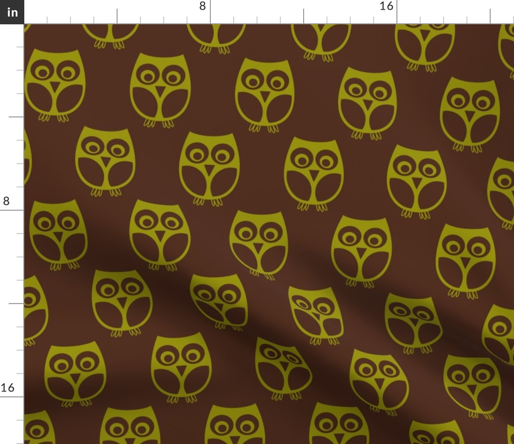 Night Owls Silhouette // large print // Olive Green Playful Woodland Nocturnal Bird Characters on Dark Brown
