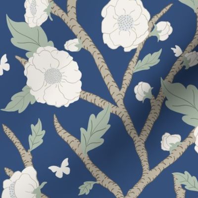 Grand Millennial Blue Bird Branch, Midnight Navy Blue Large, Wallpaper, Bedding, Upholstery
