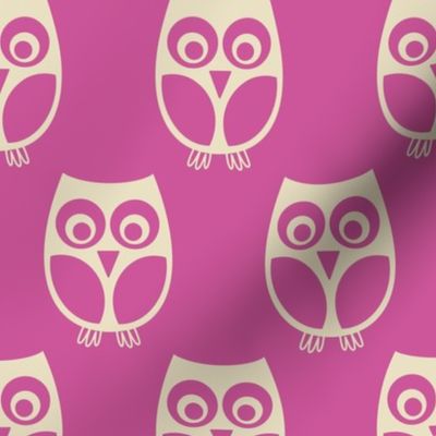 Night Owls Silhouette // large print // Creamy White Playful Woodland Nocturnal Bird Characters on Hot Pink