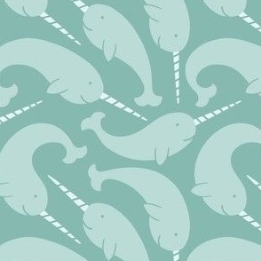 Narwhal Playtime - cute playful narwhals in neutral sea green swimming in 