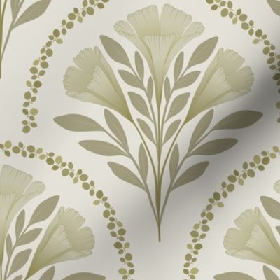 Scallop Damask Three Flowers Branches in shades of sage green ( medium scale ).