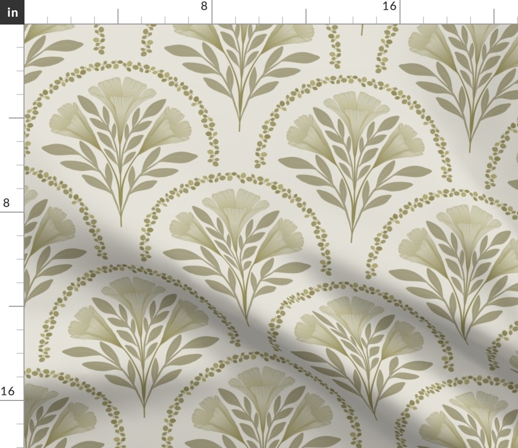 Scallop Damask Three Flowers Branches in shades of sage green ( medium scale ).