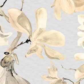 Large Golden Magnolia Flowers on Grey / Watercolor