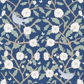 Grand Millennial Blue Bird Branch, Midnight Navy Blue Small, Wallpaper, Bedding, Upholstery