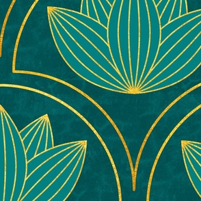 Water Lilies Art Deco_Bg Teal_Gold_Metallic Wpp_200Size