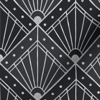 M Elegant Art Deco Geometric Pattern in Black, Gray, and Silver with Rhombus, Lines, and Circles - Modern Abstract Retro Design