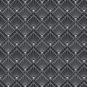 S Modern Art Deco Geometric Design in Black, Gray, and Silver with Rhombuses, Lines, and Circles - Elegant Abstract Retro Pattern