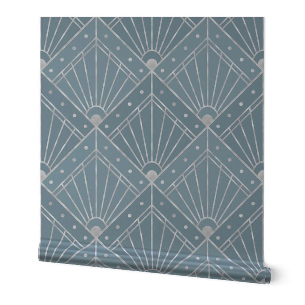 L Elegant Art Deco Geometric Pattern with Silver Lines and Polka Dots in Stone Blue for Modern Home Decor