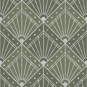 L Elegant Art Deco Geometric Pattern with Silver Lines on Green Background - Sophisticated Home Decor