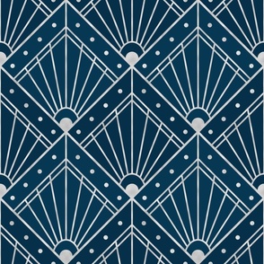 L Elegant Art Deco Geometric Pattern with Navy Blue Rhombus and Silver Lines - Vintage Style Wall Art