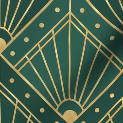 L Elegant Art Deco Geometric Pattern in Hunter Green with Gold Accents