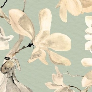 Large Golden Magnolia Flowers on Sage Green / Floral / Watercolor