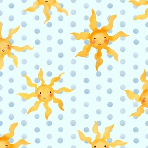 Whimsical Watercolor Suns: Cheerful Kids Clothing & Nursery Decor | Yellow on Frost Blue | Large Scale
