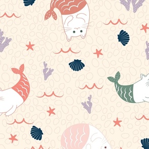 Large / Cute Mermaid Cats - Cream - Kids - Whimsical - Funny - Coastal - Seaside - Beach - Ocean - Sea - Nursery