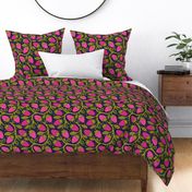 Secret strawberry garden green and pink dark background - home decor - bedding - wallpaper - curtains - whimsical.