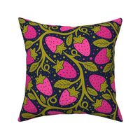 Secret strawberry garden green and pink dark background - home decor - bedding - wallpaper - curtains - whimsical.