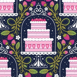 Strawberry cake garden - pink and green - whimsical - home decor - bedding - wallpaper - curtains - summer - spring - party.