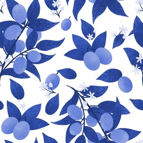 Indigo blue and white kumquats and flowers 