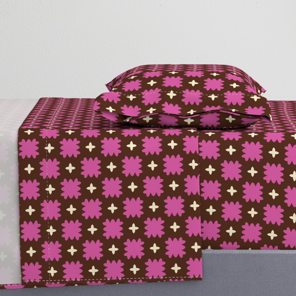 Square Dance // large print // Adorable Ruffled Hot Pink Squares and Twinkling Stars on Dark Brown