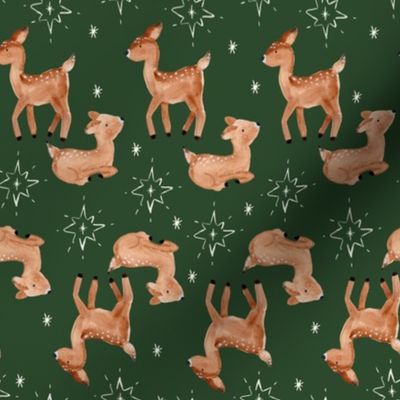 Kitsch Christmas deer on pine green for festive holiday apparel with stars - watercolor reindeer