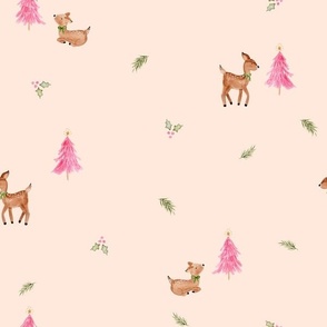 Kitsch Christmas deer in peach and hot pink- modern holiday with reindeer, bows, holly and trees