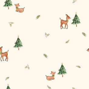 kitsch Christmas deer in green and cream- traditional holiday with reindeer, bows, holly and trees