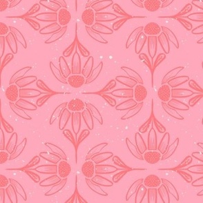 Retro Modern Nondirectional Block Print Scallop Fan Coneflower Daisies in Carnation Pink