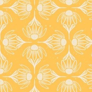 Retro Modern Nondirectional Block Print Scallop Fan Coneflower Daisies in Pale Gold Yellow