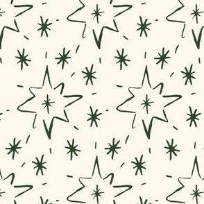 Stars hand drawn, kitsch Christmas star on traditional green and cream