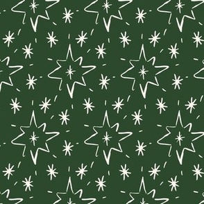 Stars hand drawn, kitsch Christmas star on pine green