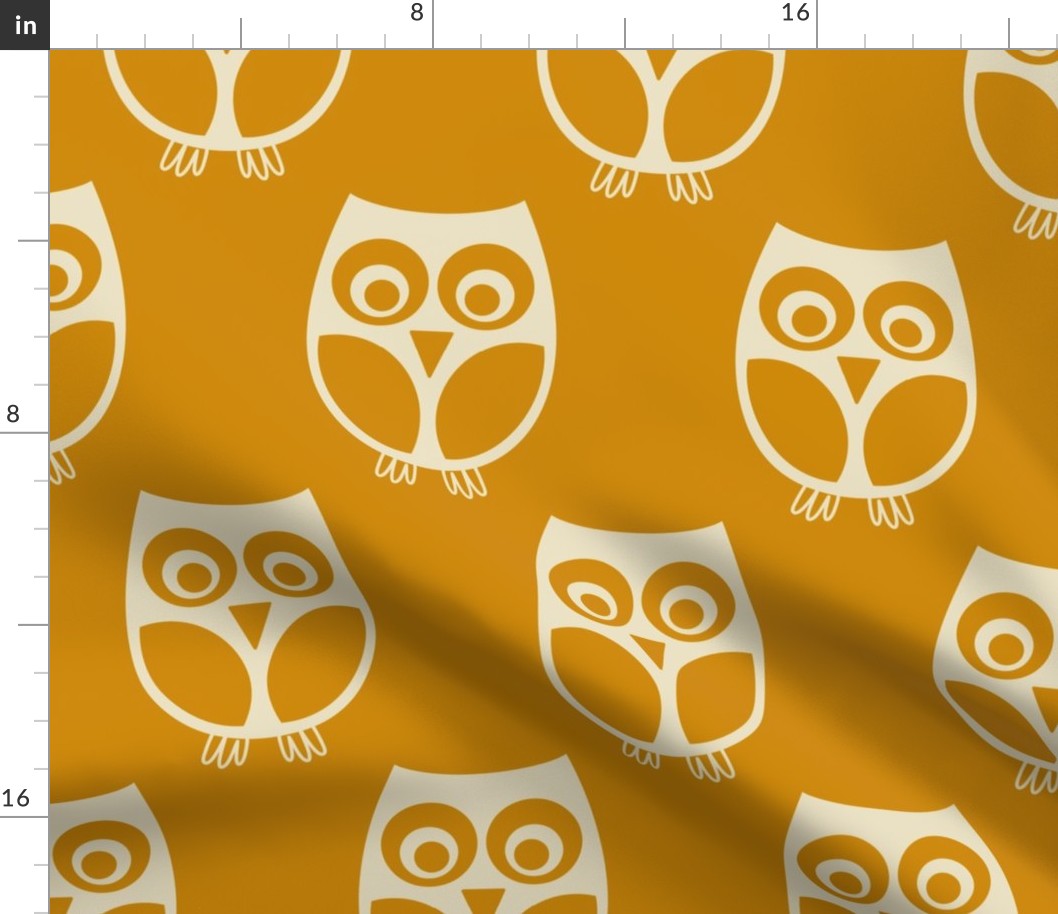 Night Owls Silhouette // x-large print // Creamy White Playful Woodland Nocturnal Bird Characters on Golden Yellow