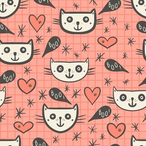 Dark-brown-happy-Halloween-cats-with-boo-speech-bubbles-and-hearts-on-vintage-kitschy-peach-XL-jumbo