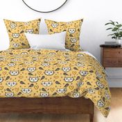 Dark-brown-happy-Halloween-cats-with-boo-speech-bubbles-and-hearts-on-vintage-kitschy-yellow-XL-jumbo