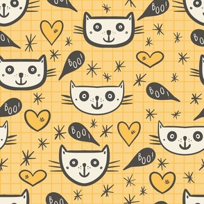 Dark-brown-happy-Halloween-cats-with-boo-speech-bubbles-and-hearts-on-vintage-kitschy-yellow-XL-jumbo