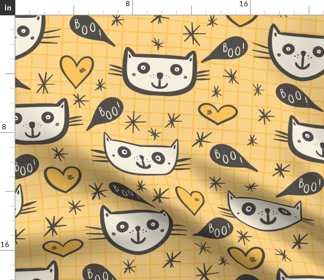 Dark-brown-happy-Halloween-cats-with-boo-speech-bubbles-and-hearts-on-vintage-kitschy-yellow-XL-jumbo