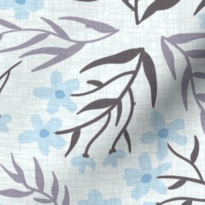 Floral ditsy on linen, blue and brown, (L), 24" 