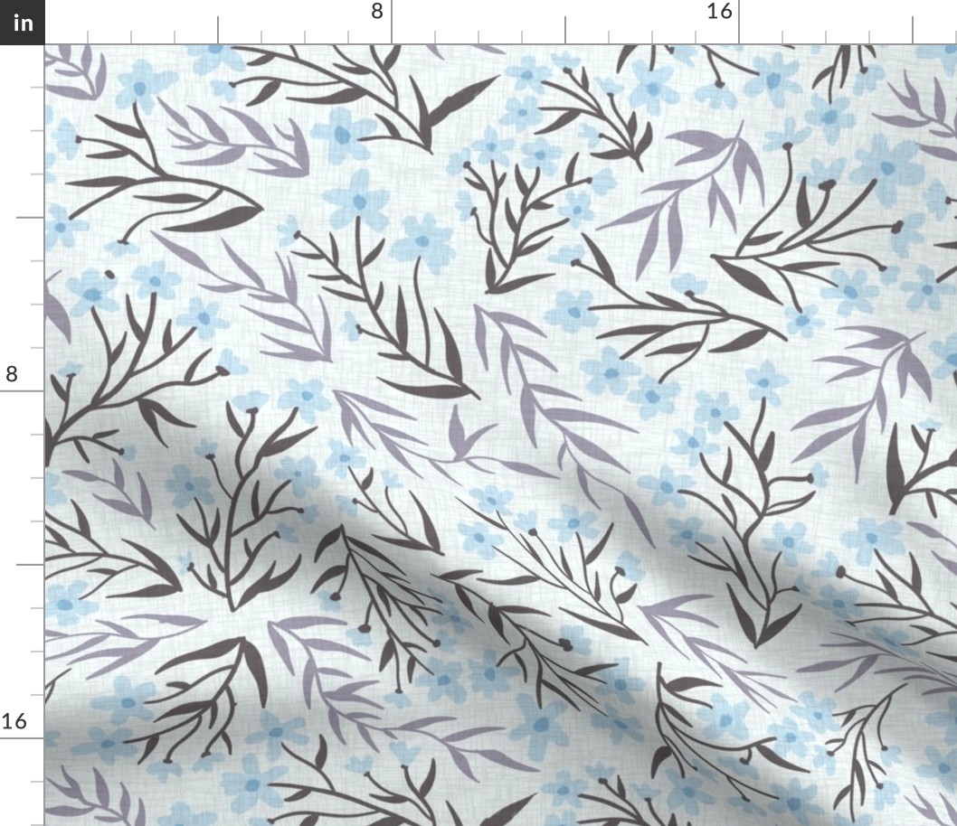 Floral ditsy on linen, blue, brown and gray (M), 18" 