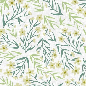 Gliding flowers on linen, green and yellow, (L) 24" 