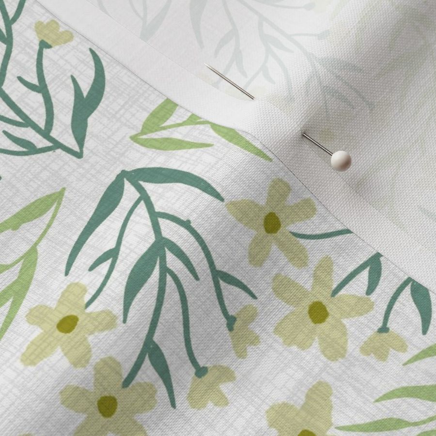 Gliding flowers on linen, green and yellow, (S) 12" 