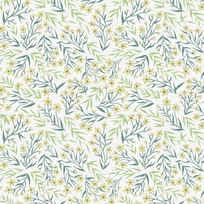 Gliding flowers on linen, green and yellow, (S) 12" 