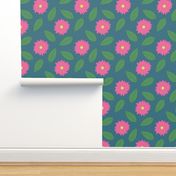 Pink Daisies and Leaves on Smoked Aqua