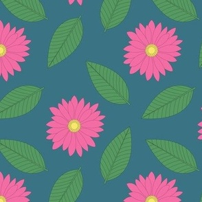 Pink Daisies and Leaves on Smoked Aqua