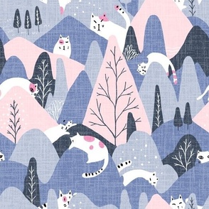 (M)-Cute Kawaii Playful Kitten Pet Cats-Mountain-Forest-Woodland-Textured-Blue-Gray-Pink-White